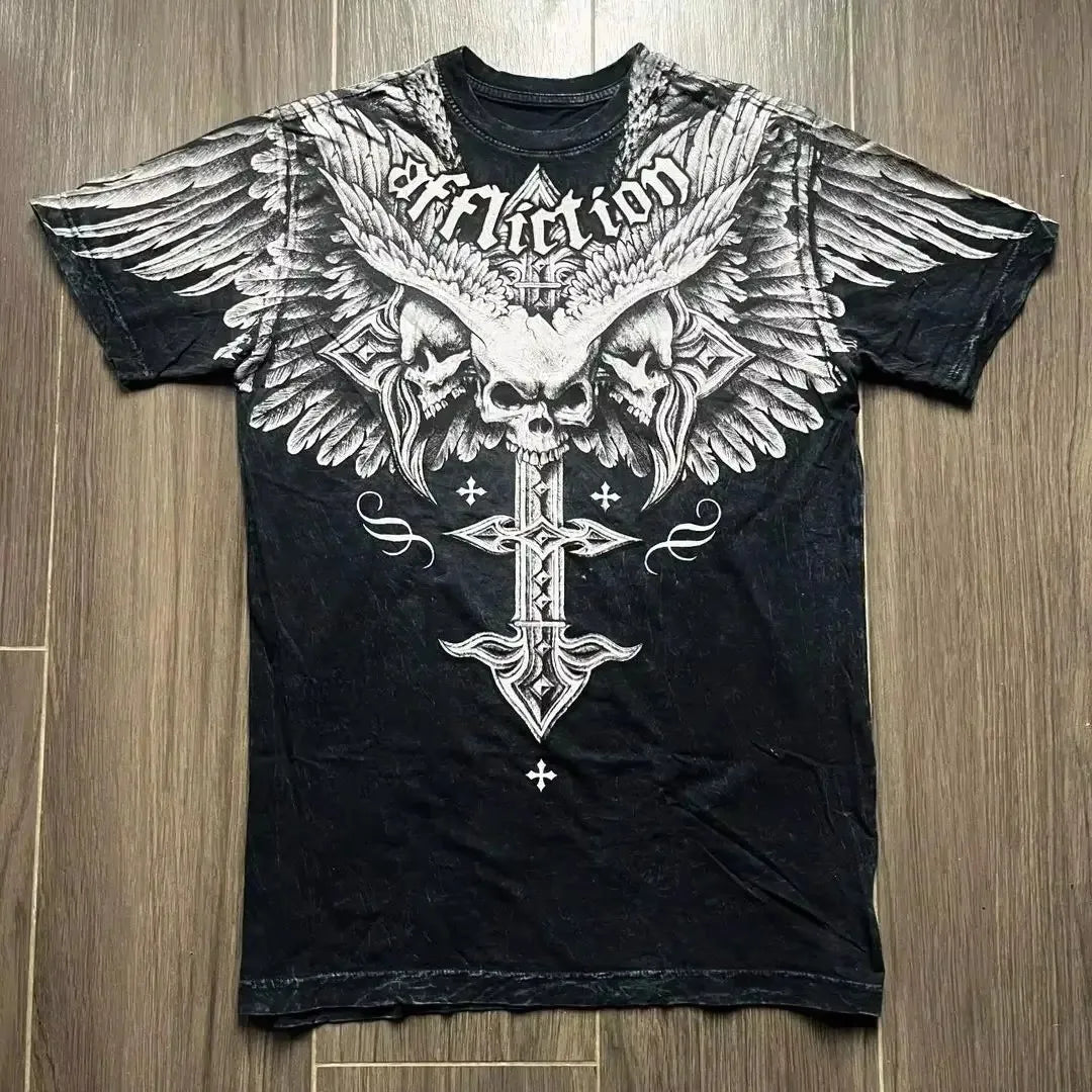 2000s Affliction Gothic T shirt Y2K Cotton Print T shirt Retro Street Letters For Men and Women Tops Graphic T shirts Street sty