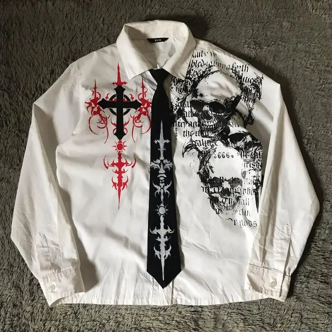 White Long Sleeves Shirt Affliction Harajuku Retro V-neck Shirt Men Skull Scripture Printing Tee Fashion Gothic Cotton Tops