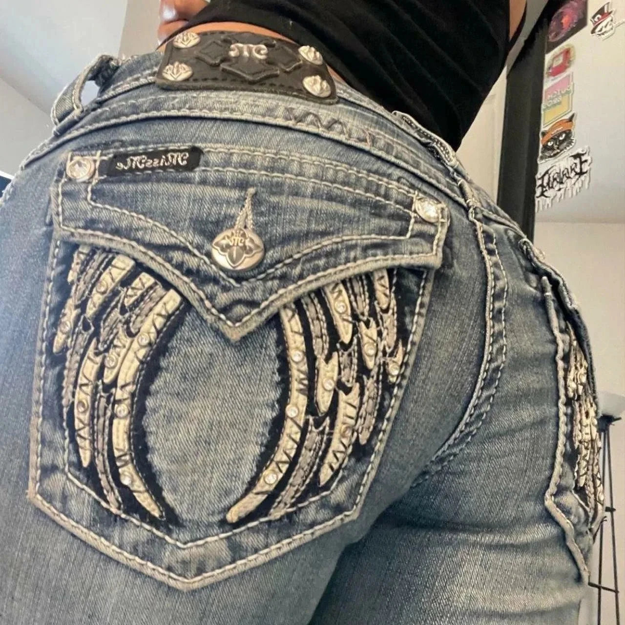 American 2000s Trend Women Jeans Rhinestone Embroidered Pocket Flanging Korean Version Oversized straight Denim Bell-Bottom