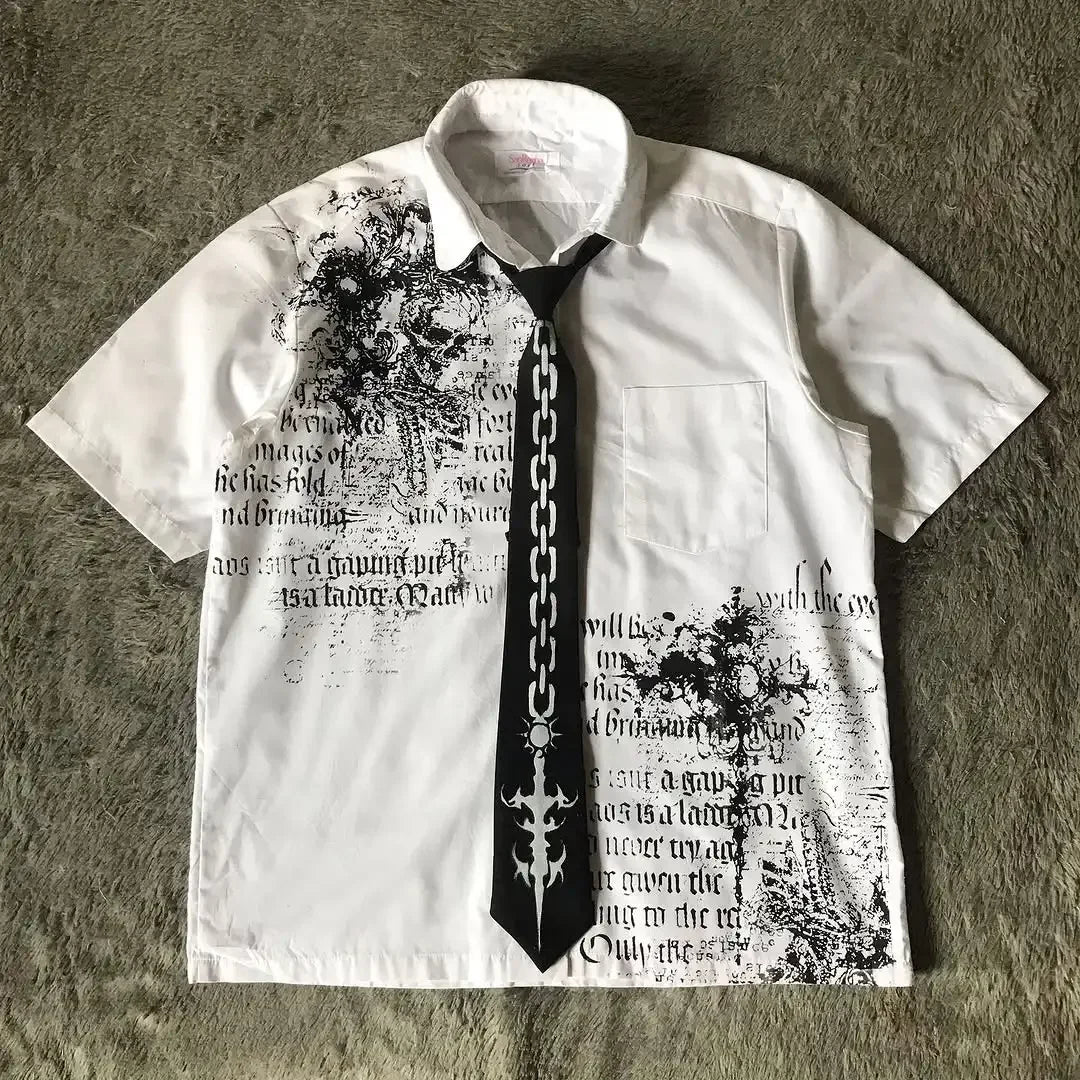 White Long Sleeves Shirt Affliction Harajuku Retro V-neck Shirt Men Skull Scripture Printing Tee Fashion Gothic Cotton Tops