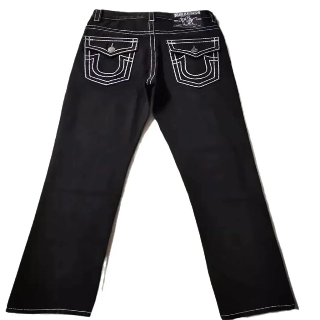 High Street Trendy Jeans White Thick Thread Buddha Religion Straight Casual Pants Men