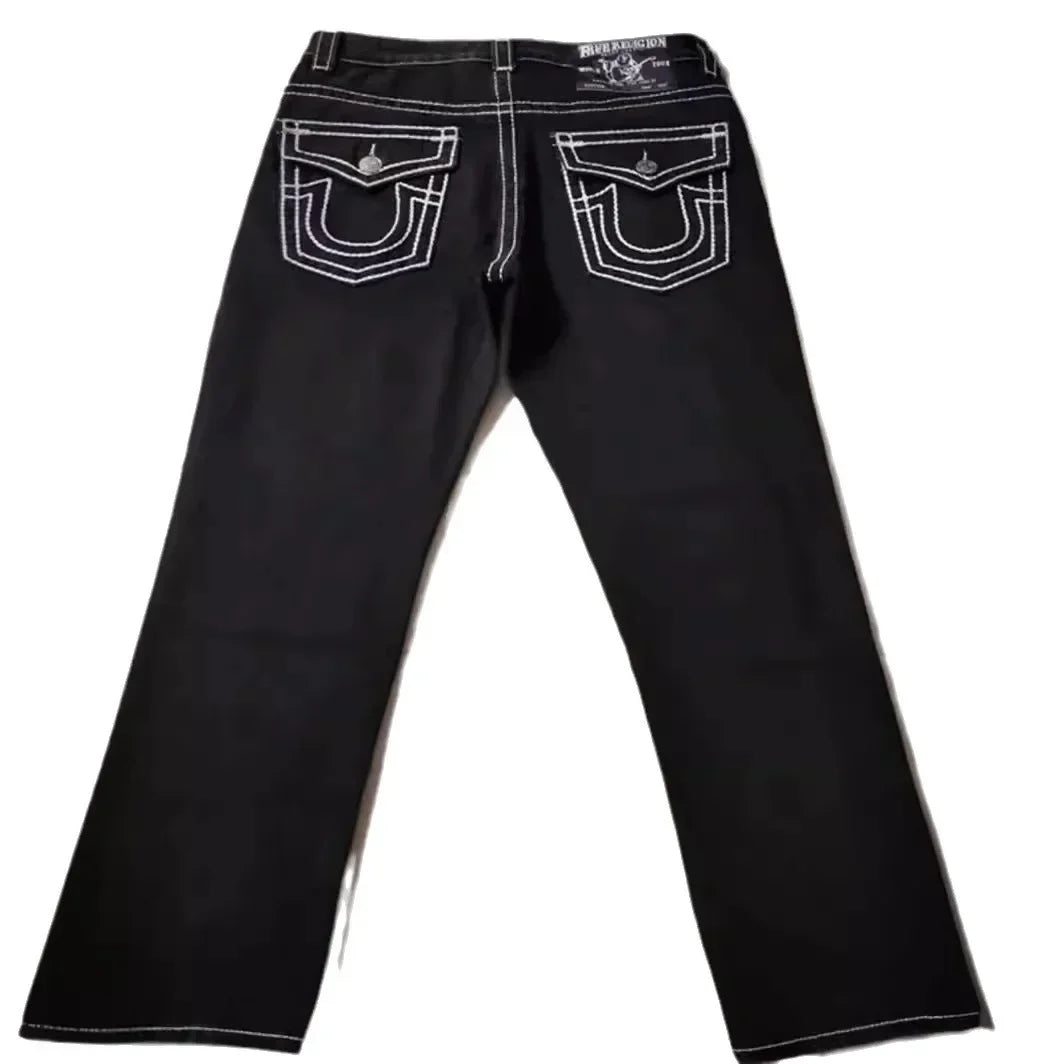 High Street Trendy Jeans White Thick Thread Buddha Religion Straight Casual Pants Men