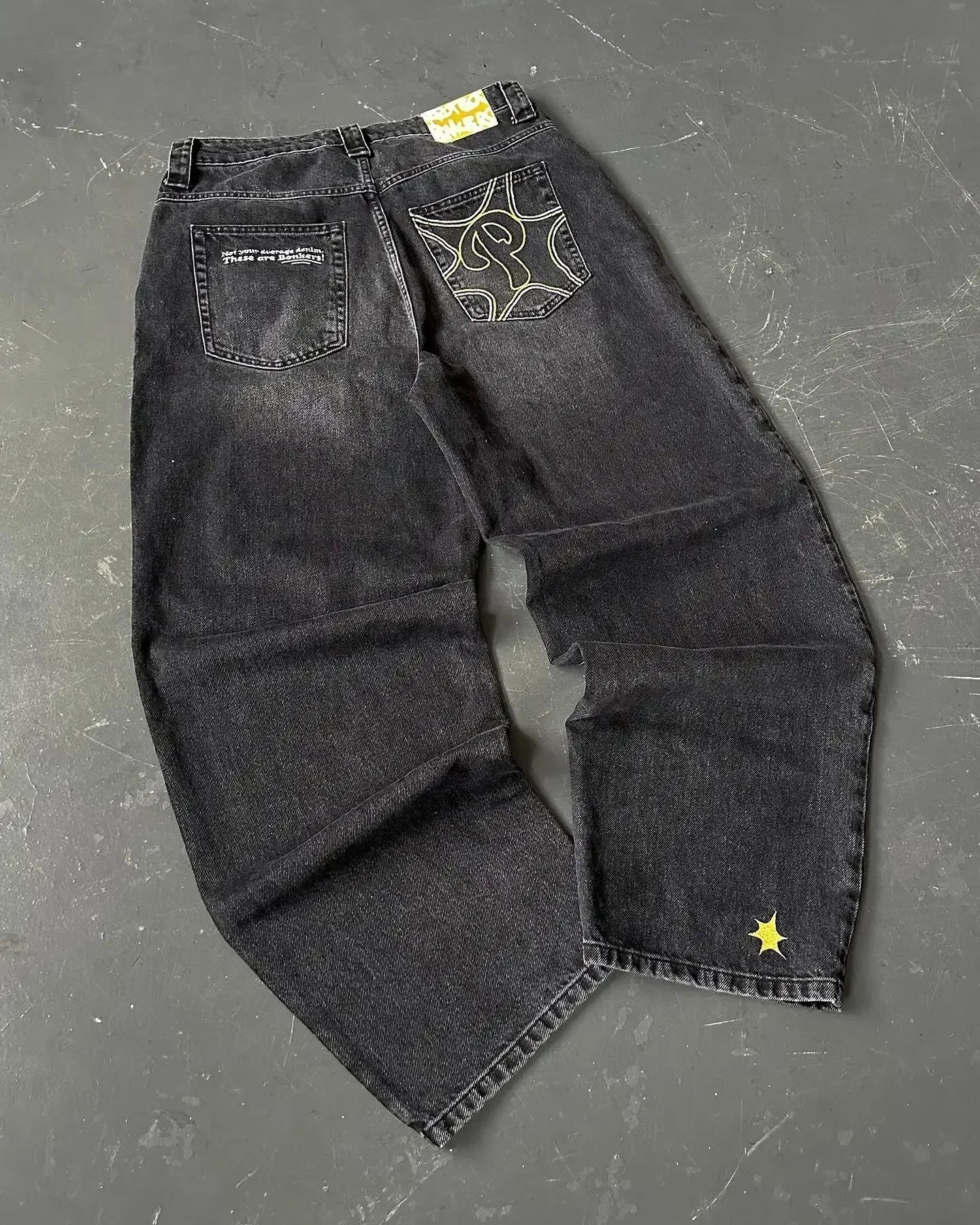 Harajuku Wide Pants Revival Mens Jeans Foliage Bootcut Women Y2K New Gothic Blue Denim Embroidery Pocket Hip Hop Street Wear