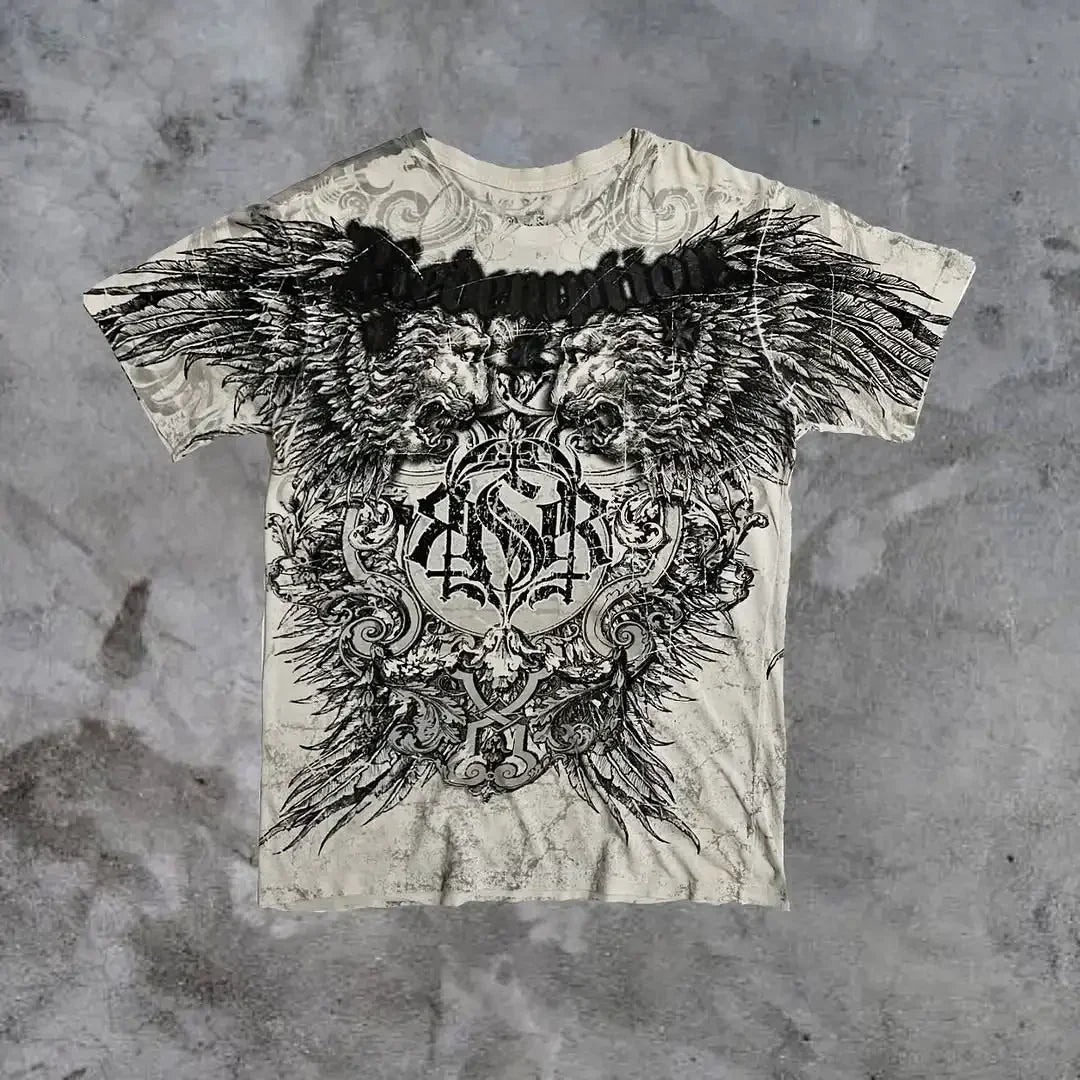 Summer New Affliction Washed T-shirt Retro Skull Print Short Sleeve Men Hip Hop Gothic Harajuku Trendy Punk Loose Top Streetwear