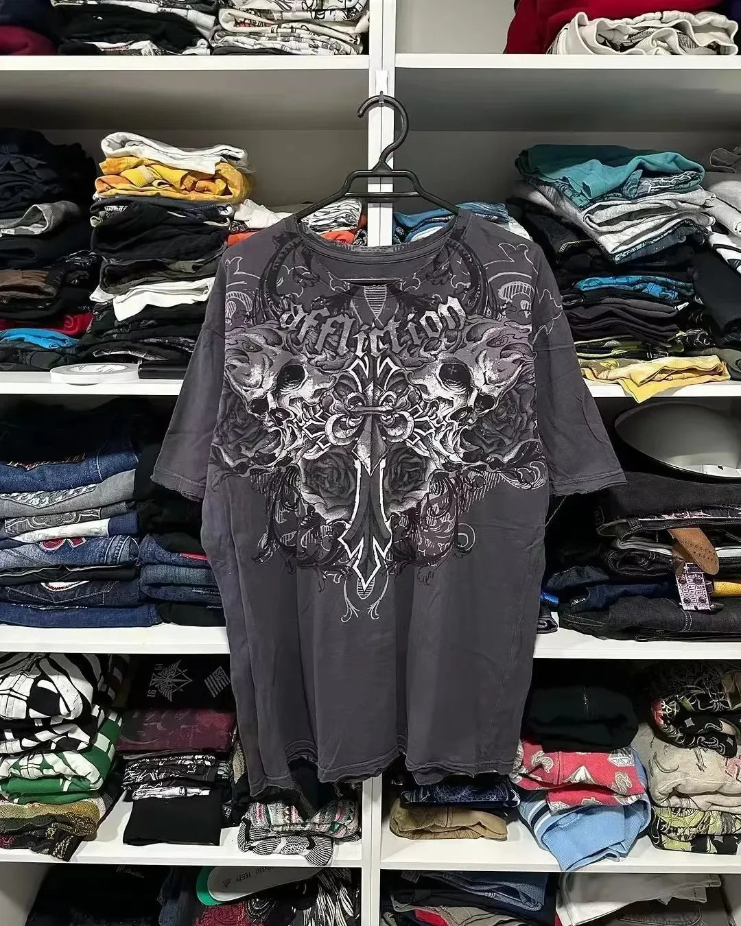 2000s Affliction Gothic T shirt Y2K Cotton Print T shirt Retro Street Letters For Men and Women Tops Graphic T shirts Street sty