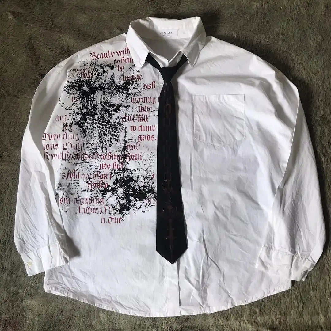 White Long Sleeves Shirt Affliction Harajuku Retro V-neck Shirt Men Skull Scripture Printing Tee Fashion Gothic Cotton Tops