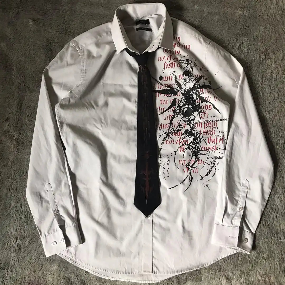 White Long Sleeves Shirt Affliction Harajuku Retro V-neck Shirt Men Skull Scripture Printing Tee Fashion Gothic Cotton Tops