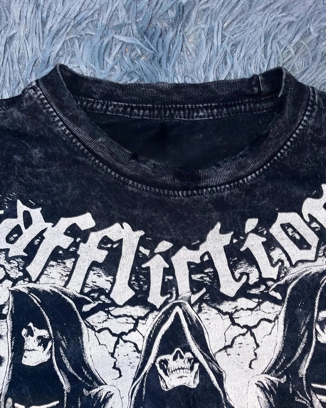 Summer New Affliction Washed T-shirt Retro Skull Print Short Sleeve Men Hip Hop Gothic Harajuku Trendy Punk Loose Top Streetwear