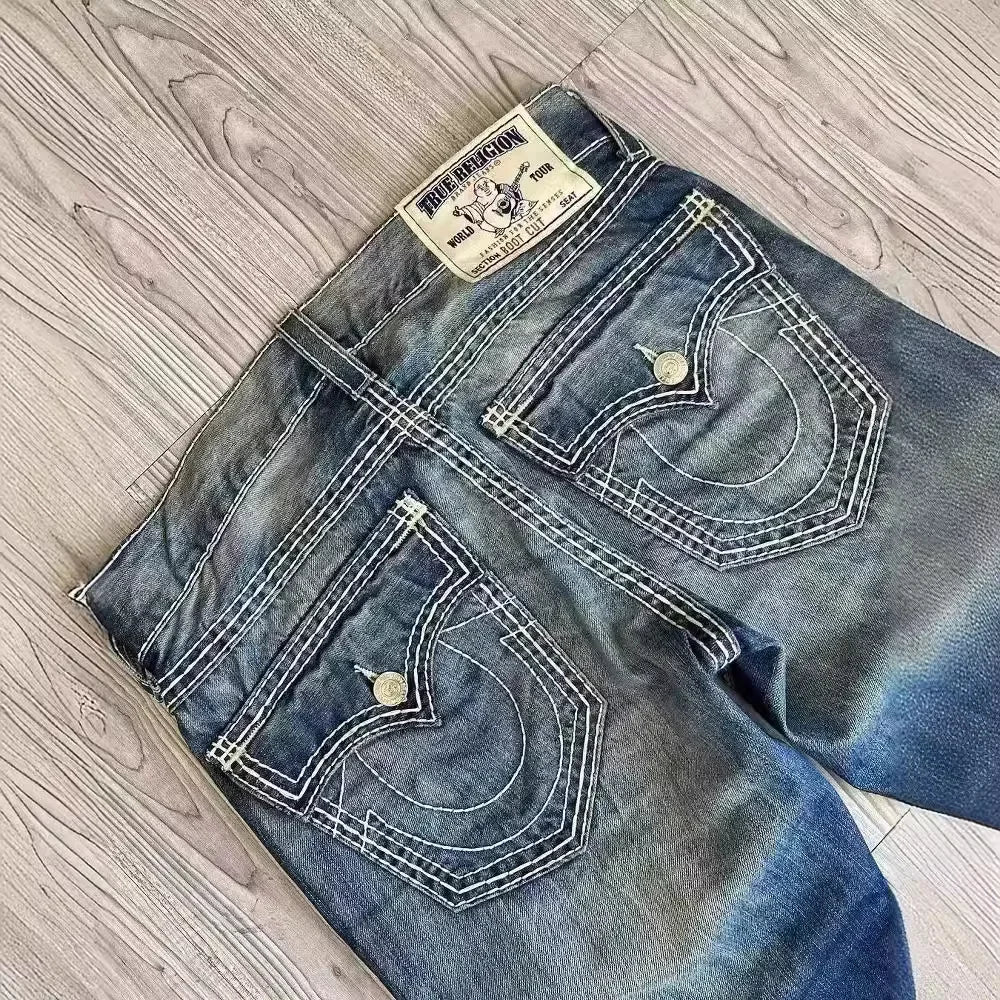 High Street Trendy Jeans White Thick Thread Buddha Religion Straight Casual Pants Men