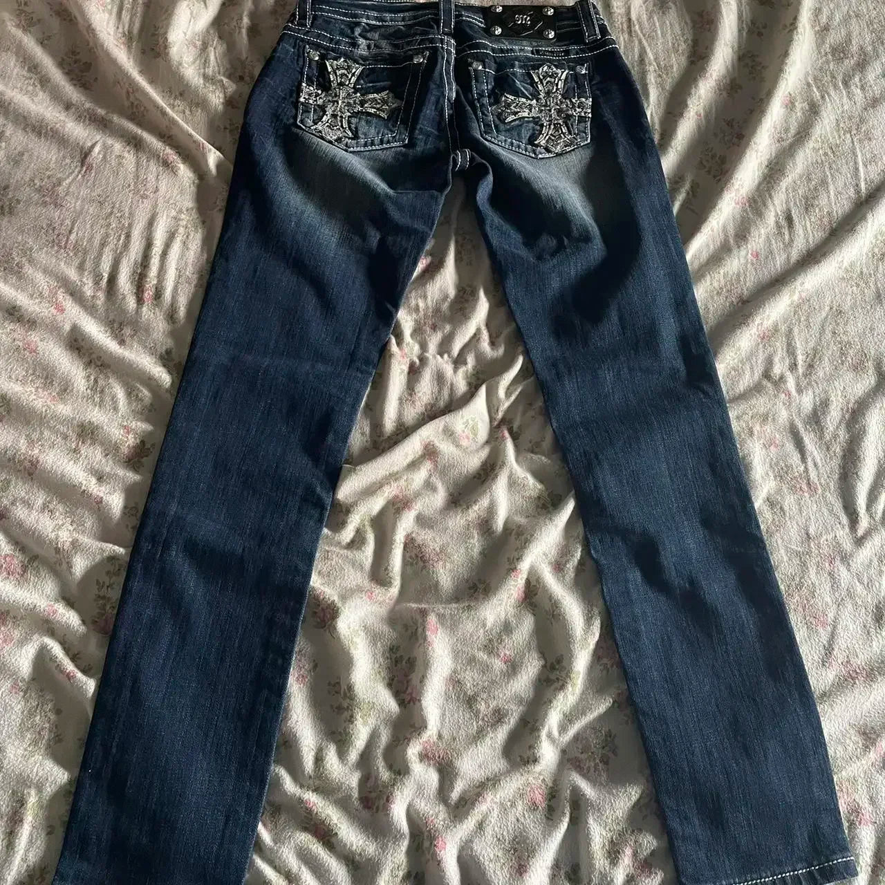 American 2000s Trend Women Jeans Rhinestone Embroidered Pocket Flanging Korean Version Oversized straight Denim Bell-Bottom