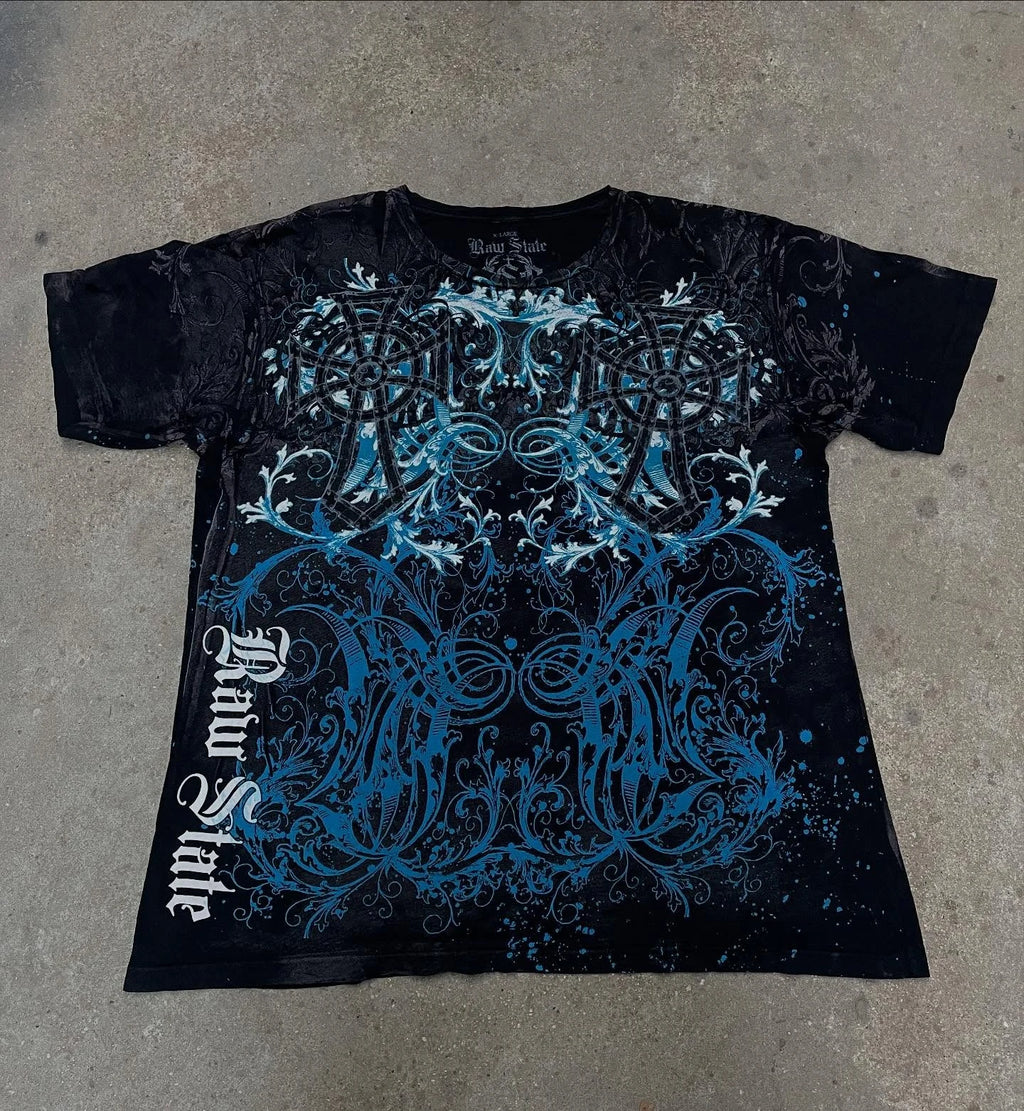 Affliction Gothic Script & Wing Print Tee, Exquisite Streetwear Graphic T - Shirt for Trendsetters