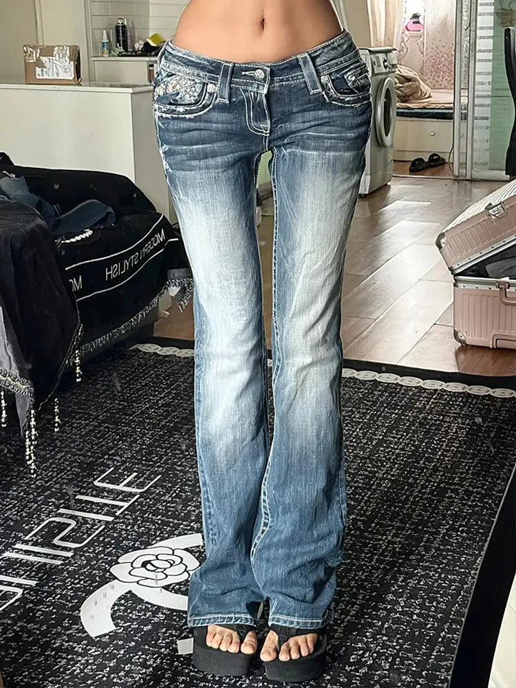 American Embroidered Pocket Women baggy jeans Y2K Millennium Goth Streetwear Low Waist Floor Pants wide leg pants women trousers