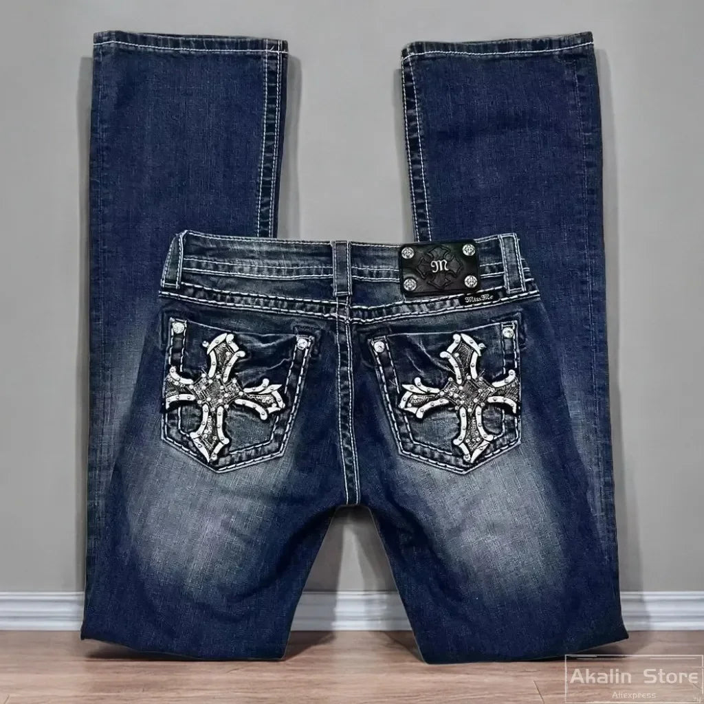 Retro Blue Jeans Woman Gothic High Waited Jeans Hot Diamond Embroidery Pattern Hip Micro Horn Baggy Jeans Street Clothing