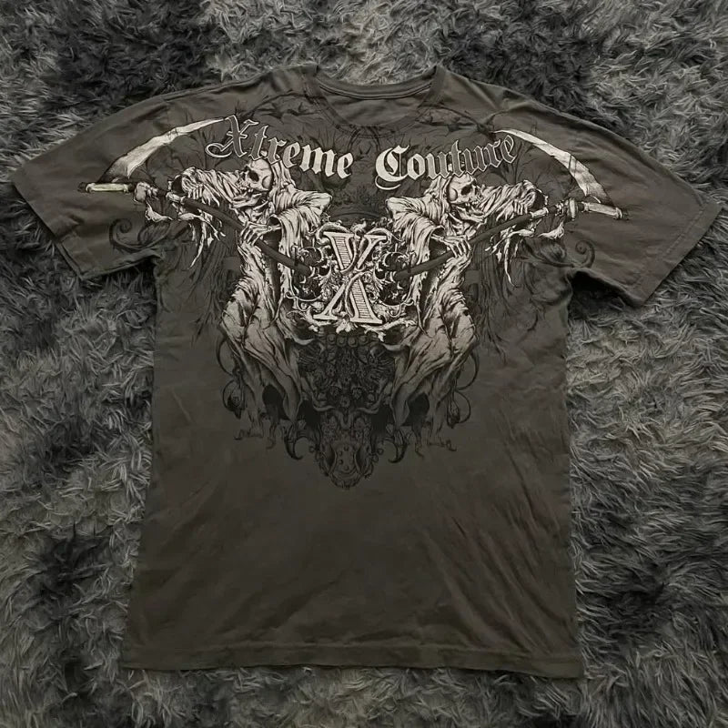 Summer New Affliction Washed T-shirt Retro Skull Print Short Sleeve Men Hip Hop Gothic Harajuku Trendy Punk Loose Top Streetwear