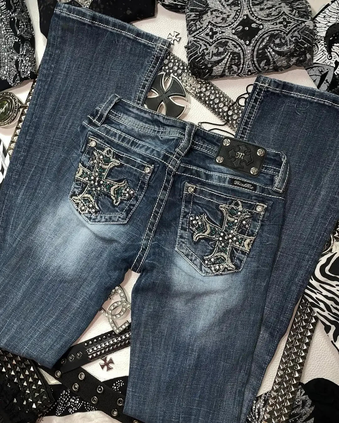 Retro Blue Jeans Woman Gothic High Waited Jeans Hot Diamond Embroidery Pattern Hip Micro Horn Baggy Jeans Street Clothing