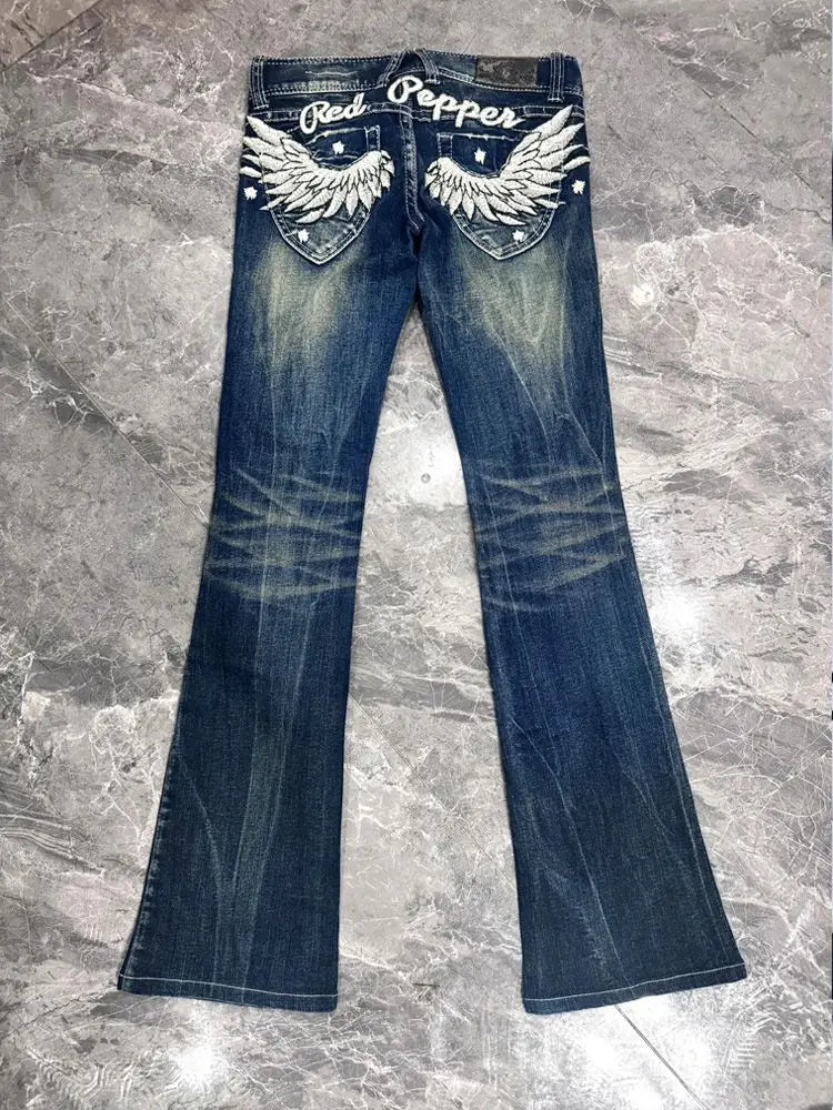 American Babes Subculture Low Rise Jeans Women Vintage Design Sense Wing Embroidery Slightly Flared Trousers Causal Long Pants