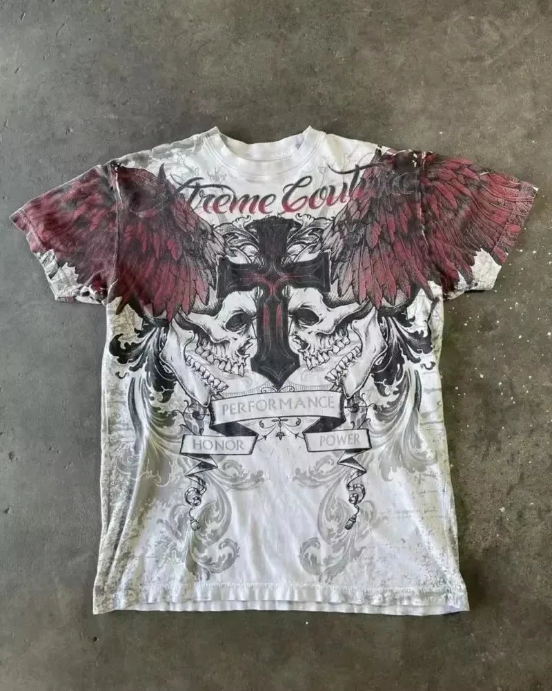 2000s Affliction Gothic T shirt Y2K Cotton Print T shirt Retro Street Letters For Men and Women Tops Graphic T shirts Street sty