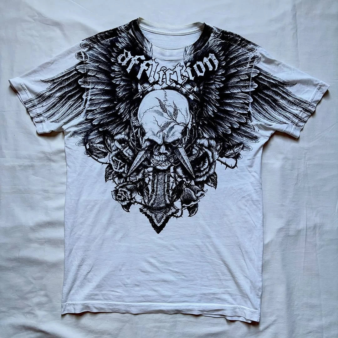 Street New Affliction T-shirt Y2K Vintage Skull Print White Short Sleeve Men Summer Hip Hop Gothic Punk Oversize Pure Cotton Top