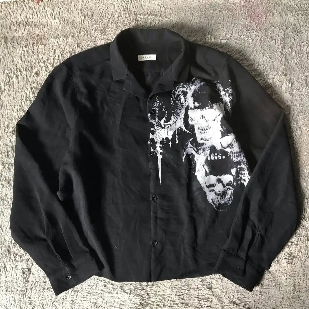 White Long Sleeves Shirt Affliction Harajuku Retro V-neck Shirt Men Skull Scripture Printing Tee Fashion Gothic Cotton Tops