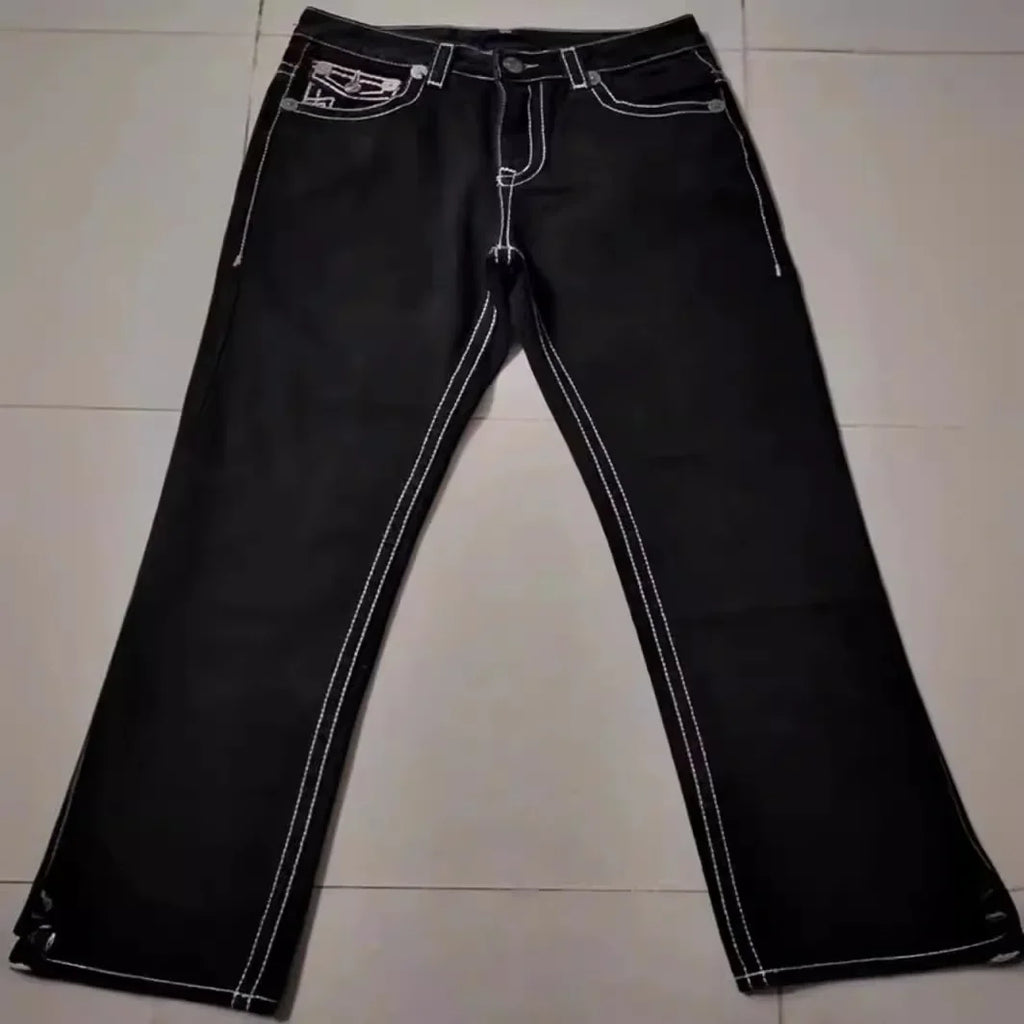 High Street Trendy Jeans White Thick Thread Buddha Religion Straight Casual Pants Men