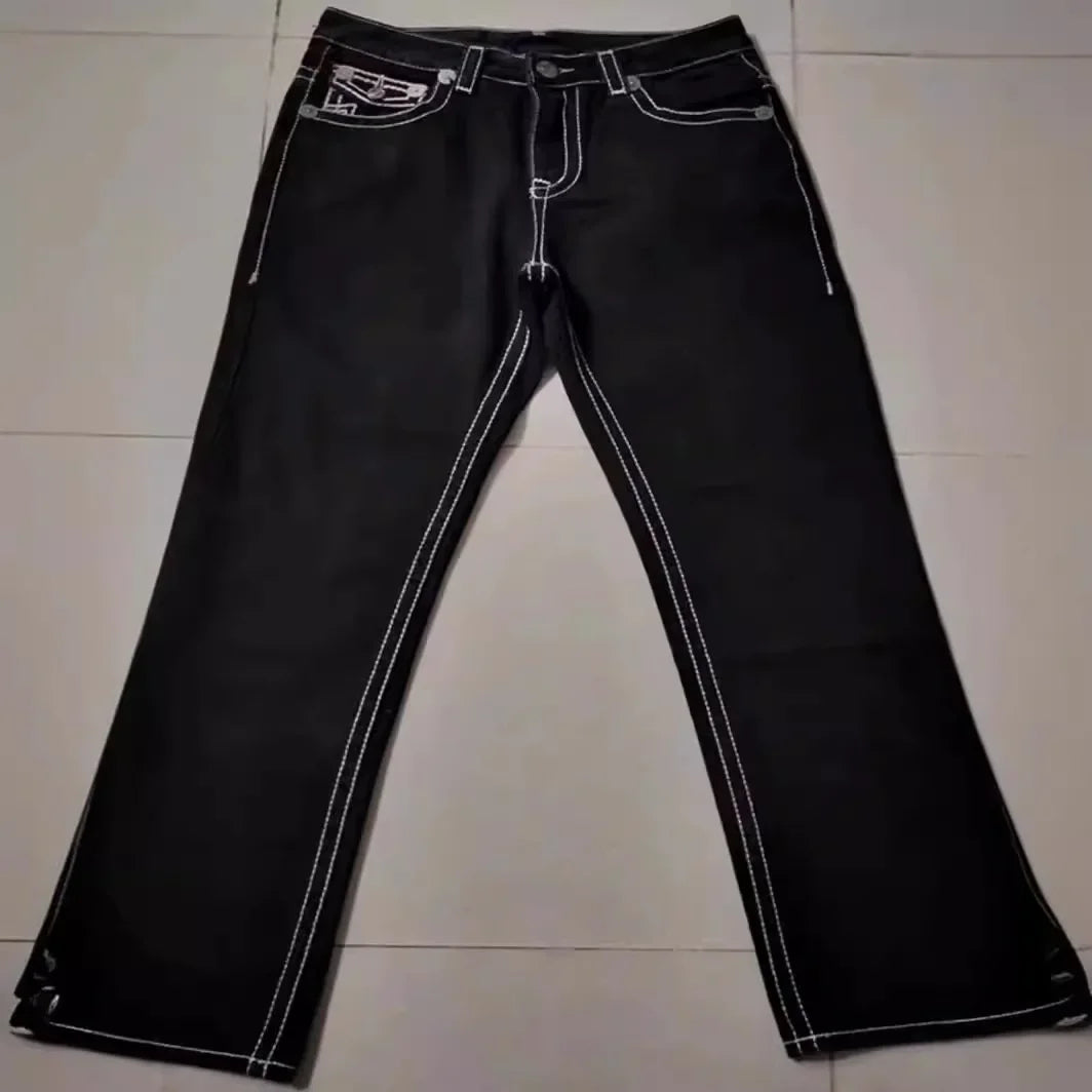 High Street Trendy Jeans White Thick Thread Buddha Religion Straight Casual Pants Men