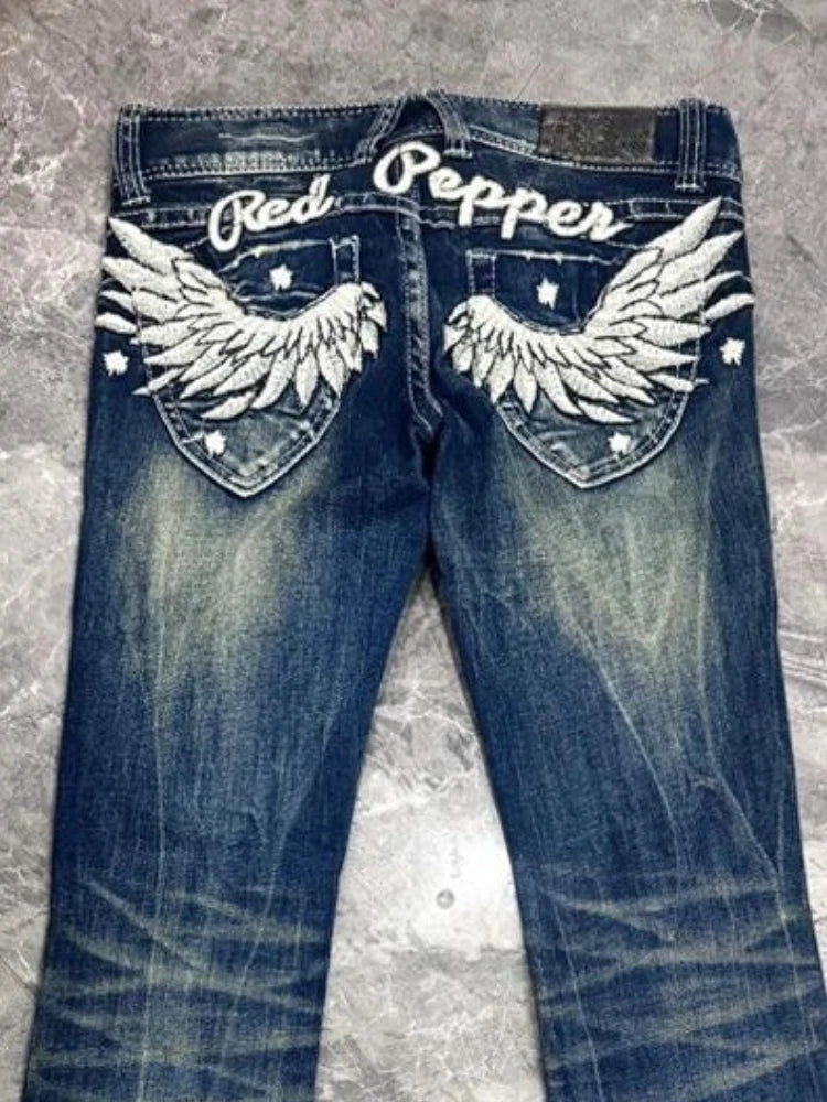 American Babes Subculture Low Rise Jeans Women Vintage Design Sense Wing Embroidery Slightly Flared Trousers Causal Long Pants