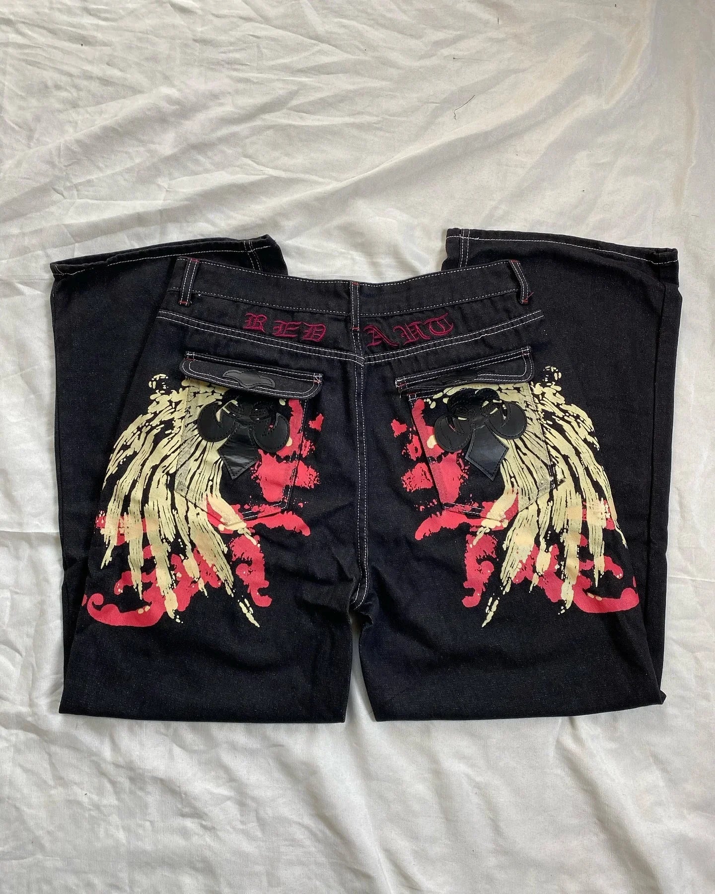 Retro Blue Jeans Woman Gothic High Waited Jeans Hot Diamond Embroidery Pattern Hip Micro Horn Baggy Jeans Street Clothing