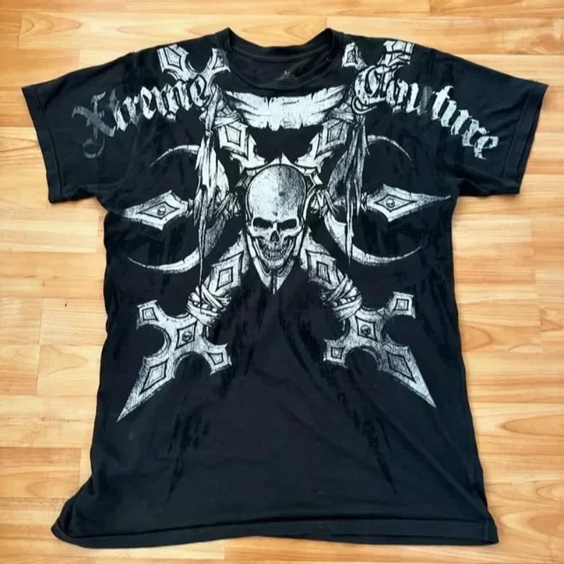 Affliction Fashion T-shirt Gothic Short Sleeve Sweatshirts Dark Gothic Skull Print Mayhem Gaga Oversized Men New Cotton Tops