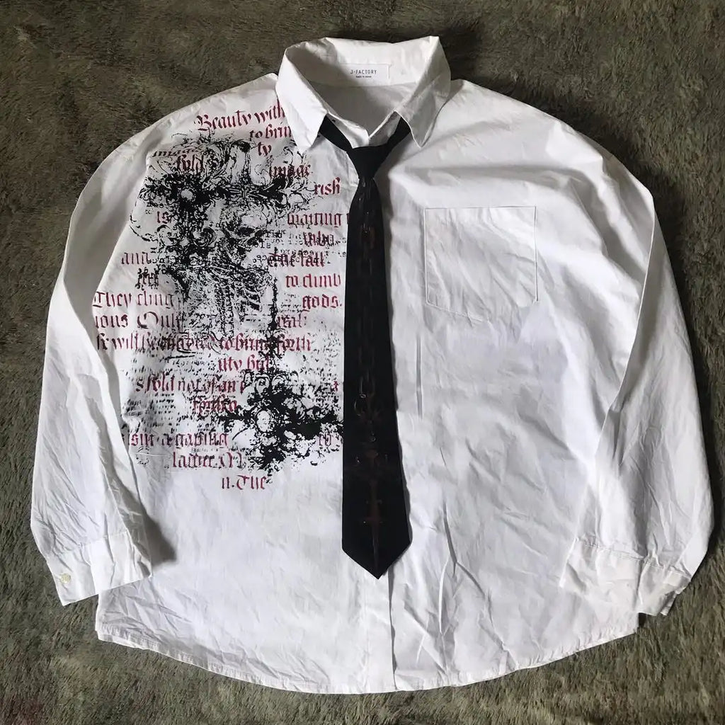 White Long Sleeves Shirt Affliction Harajuku Retro V-neck Shirt Men Skull Scripture Printing Tee Fashion Gothic Cotton Tops