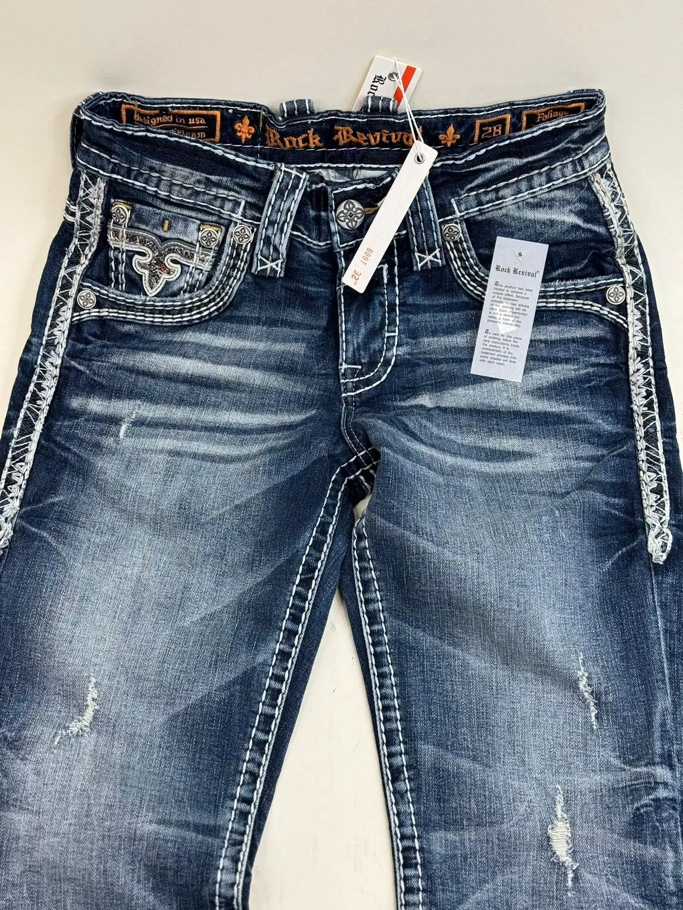 Rock Revival Blue Denim Embroidery Harajuku Wide Pants Revival Mens Jeans Foliage Bootcut Women Pocket Hip Hop Streetwear