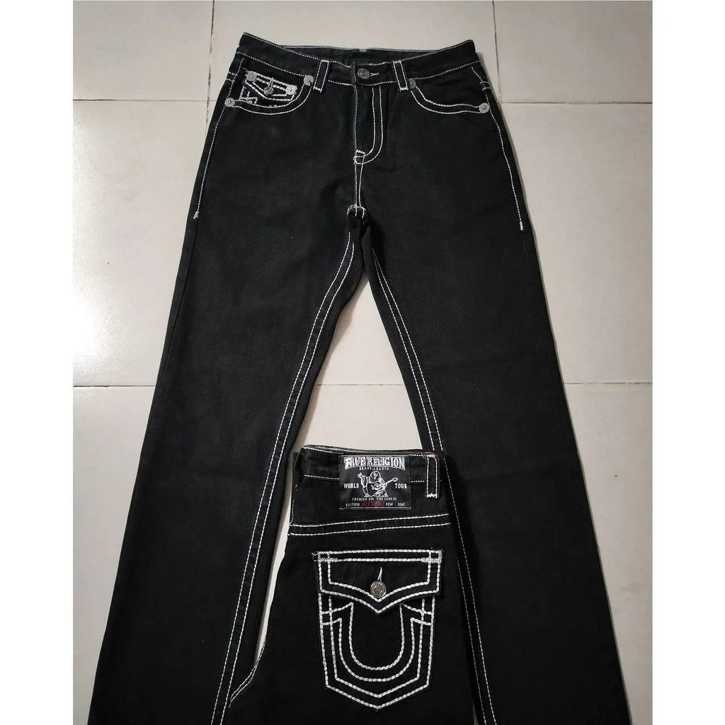 High Street Trendy Jeans White Thick Thread Buddha Religion Straight Casual Pants Men