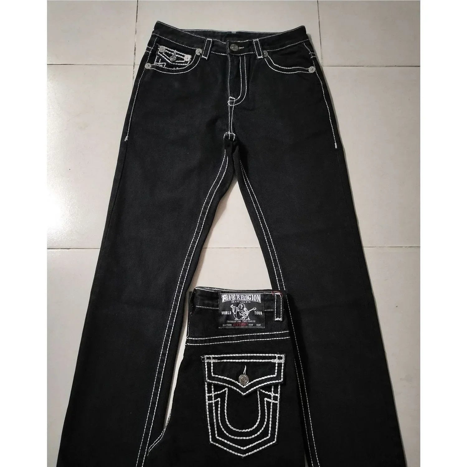 High Street Trendy Jeans White Thick Thread Buddha Religion Straight Casual Pants Men