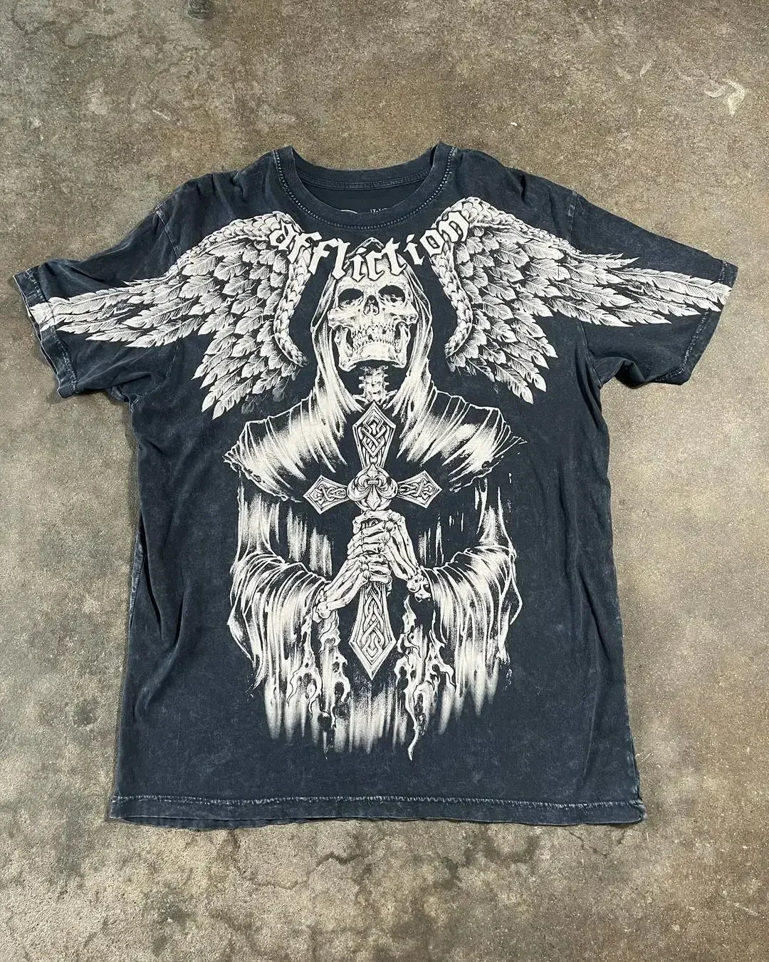 Street New Affliction T-shirt Y2K Vintage Skull Print White Short Sleeve Men Summer Hip Hop Gothic Punk Oversize Pure Cotton Top