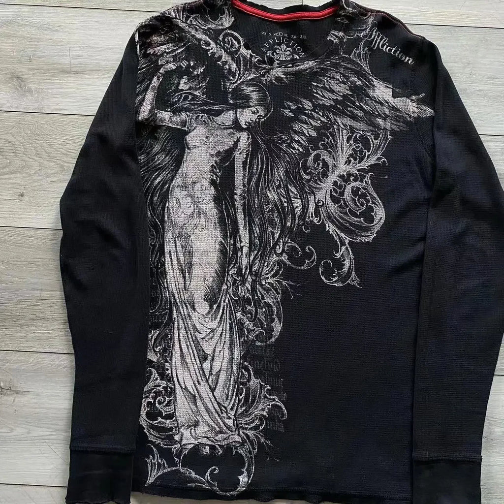 Affliction Long sleeved T shirt Fashion Round Neck Oversized T shirt New  Mens Womens Casual Gothic Clothing Tops Streetwear