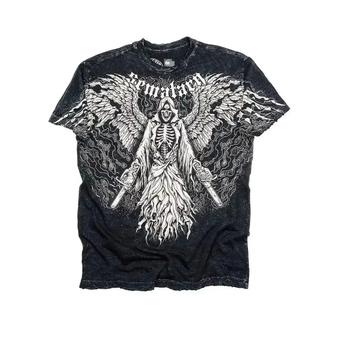 2000s Affliction Gothic T shirt Y2K Cotton Print T shirt Retro Street Letters For Men and Women Tops Graphic T shirts Street sty