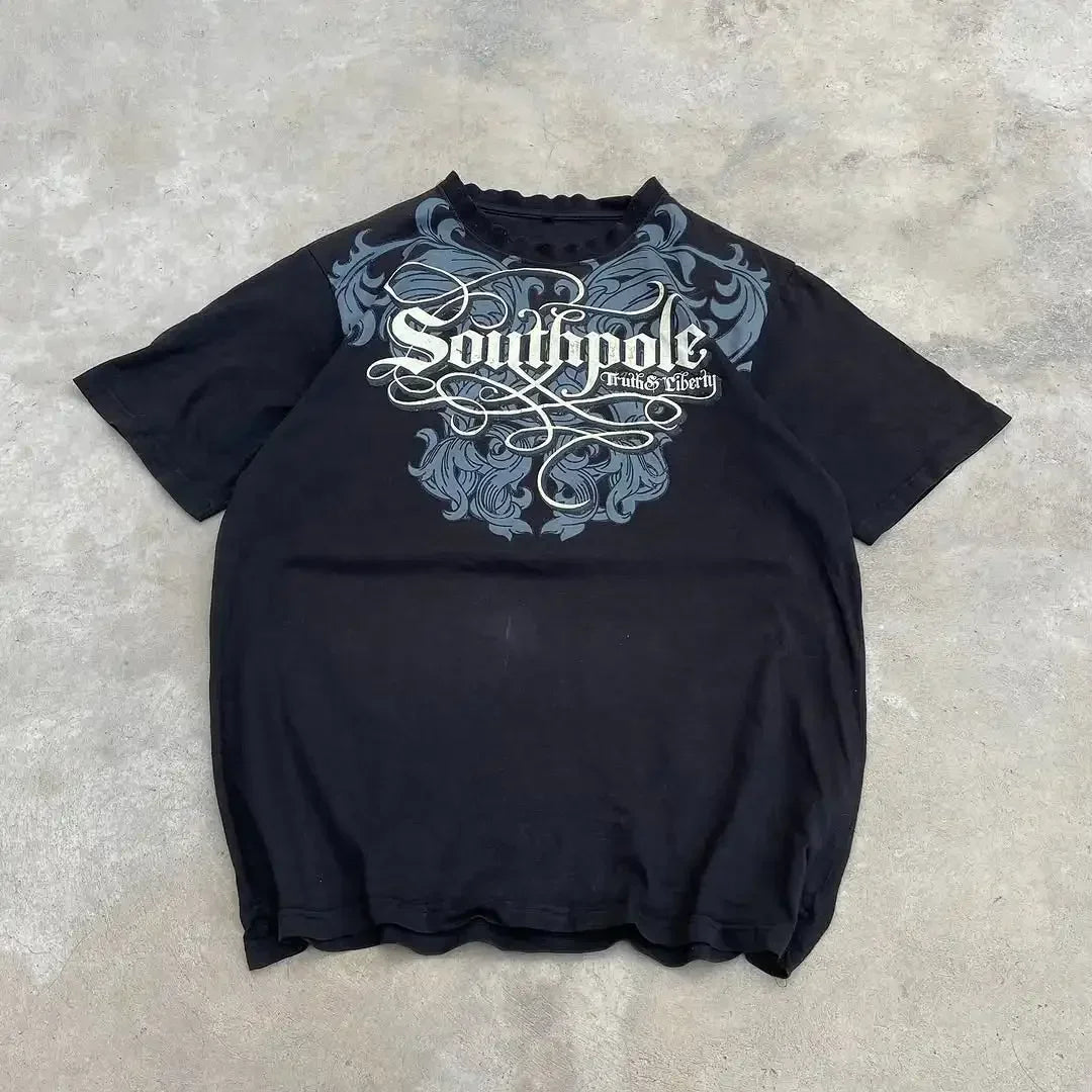 Summer New Affliction Washed T-shirt Retro Skull Print Short Sleeve Men Hip Hop Gothic Harajuku Trendy Punk Loose Top Streetwear