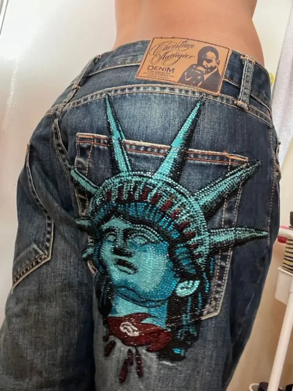 Harajuku Cross Bootcut Jeans Y2k 2000s Shining Diamond Jean Casual Denim Pants Straight Wide Leg Jean Women Clothing