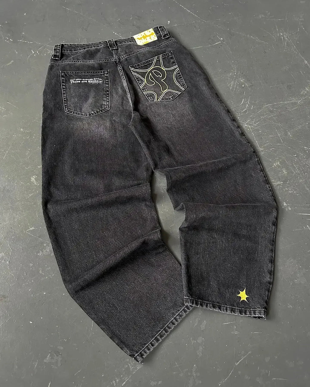 Harajuku Wide Pants Revival Mens Jeans Foliage Bootcut Women Y2K New Gothic Blue Denim Embroidery Pocket Hip Hop Street Wear