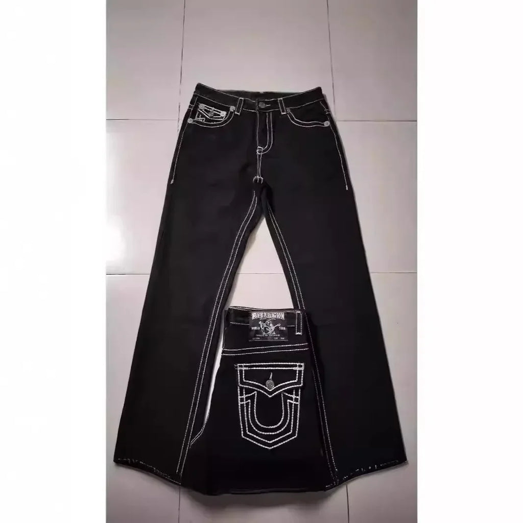 High Street Trendy Jeans White Thick Thread Buddha Religion Straight Casual Pants Men