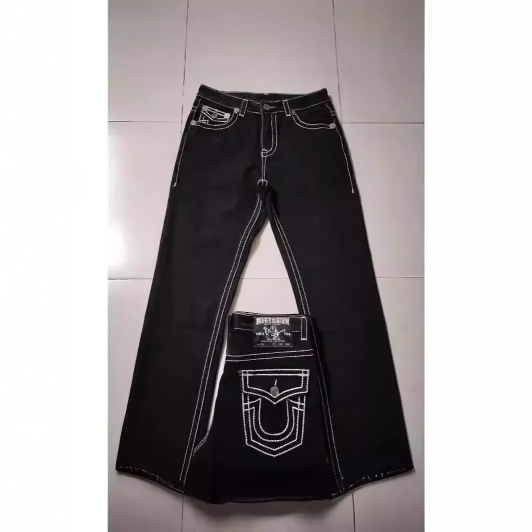 High Street Trendy Jeans White Thick Thread Buddha Religion Straight Casual Pants Men