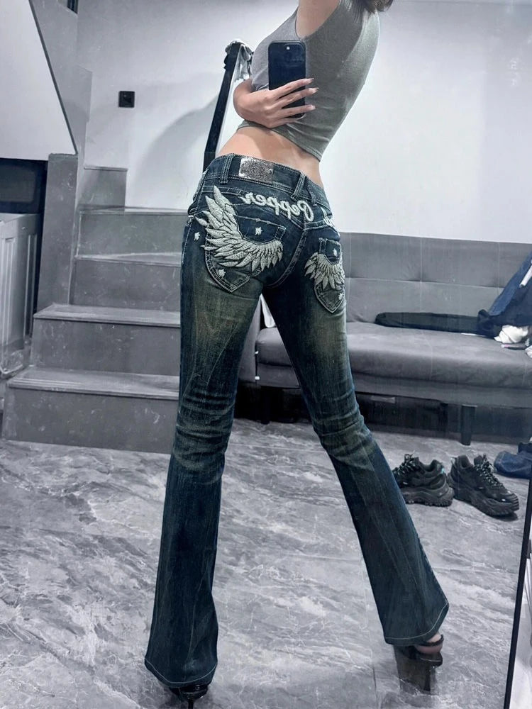 American Babes Subculture Low Rise Jeans Women Vintage Design Sense Wing Embroidery Slightly Flared Trousers Causal Long Pants