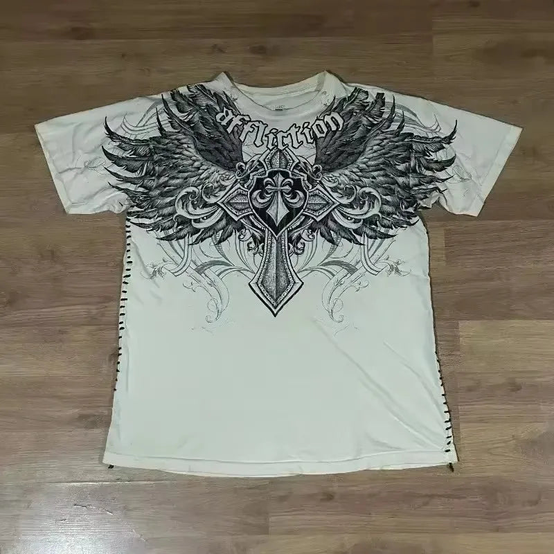 2000s Affliction Gothic T shirt Y2K Cotton Print T shirt Retro Street Letters For Men and Women Tops Graphic T shirts Street sty