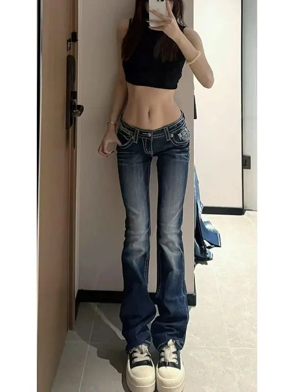 American Heavy Industry Embroidered Jeans 2025 Summer Y2K Millennium Baggy Jeans Women Style Low Waist Floor Pants