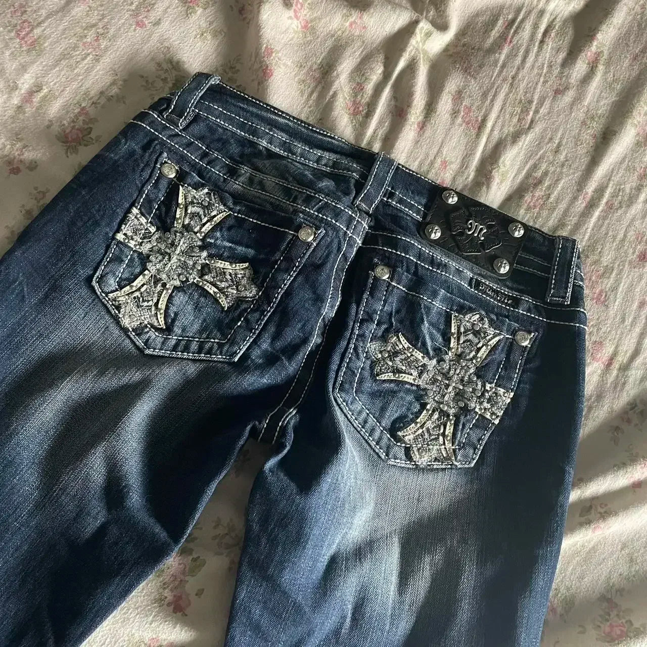 American 2000s Trend Women Jeans Rhinestone Embroidered Pocket Flanging Korean Version Oversized straight Denim Bell-Bottom
