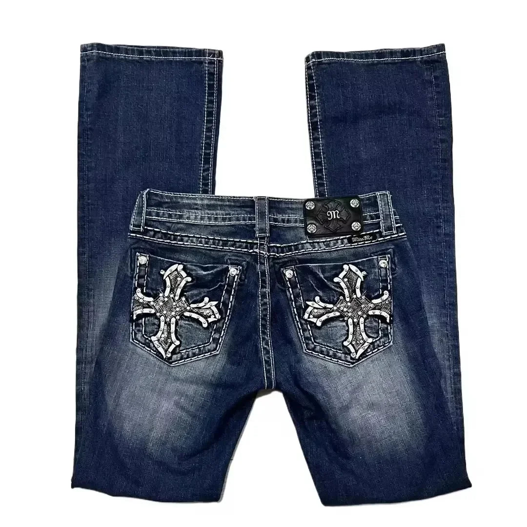 American Heavy Industry Embroidered Jeans 2025 Summer Y2K Millennium Baggy Jeans Women Style Low Waist Floor Pants