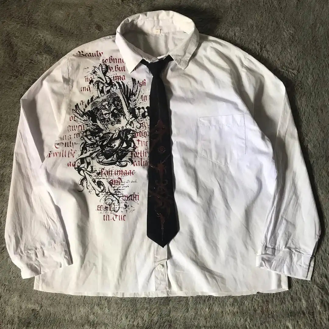 White Long Sleeves Shirt Affliction Harajuku Retro V-neck Shirt Men Skull Scripture Printing Tee Fashion Gothic Cotton Tops