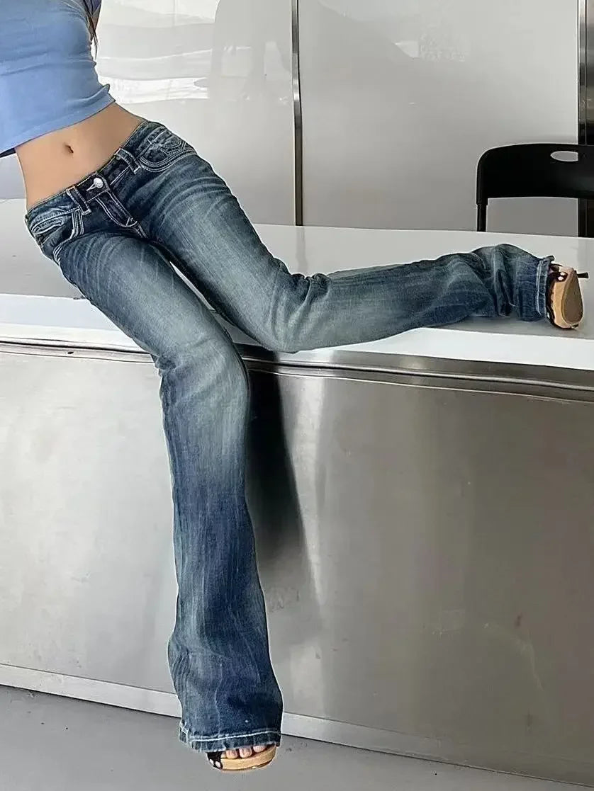 Vintage Streetwear Low Rise Flare Jeans Women Gyaru Harajuku Trashy Y2K Denim Pants 2000s Slim Trousers Pantalones