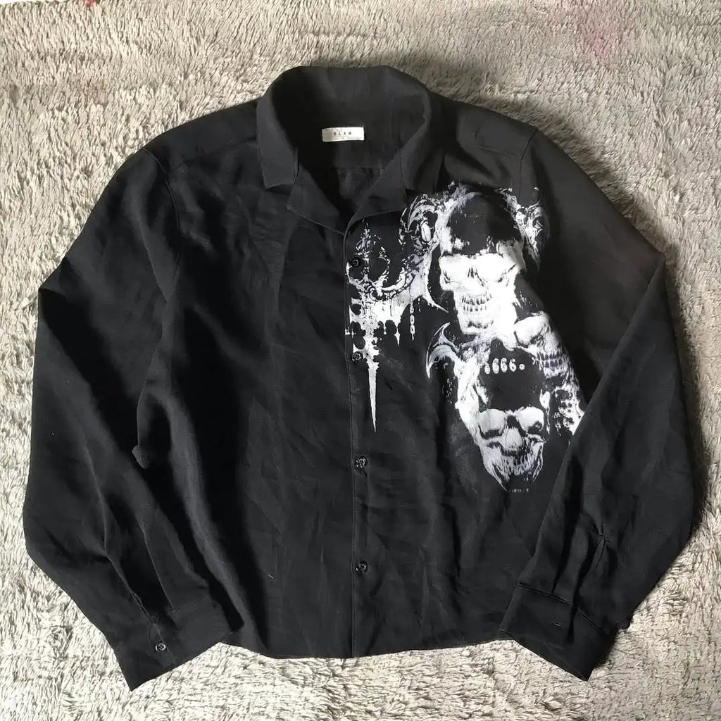 White Long Sleeves Shirt Affliction Harajuku Retro V-neck Shirt Men Skull Scripture Printing Tee Fashion Gothic Cotton Tops