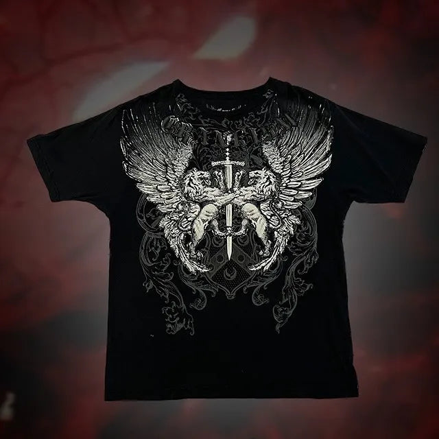 Affliction Gothic Script & Wing Print Tee, Exquisite Streetwear Graphic T - Shirt for Trendsetters