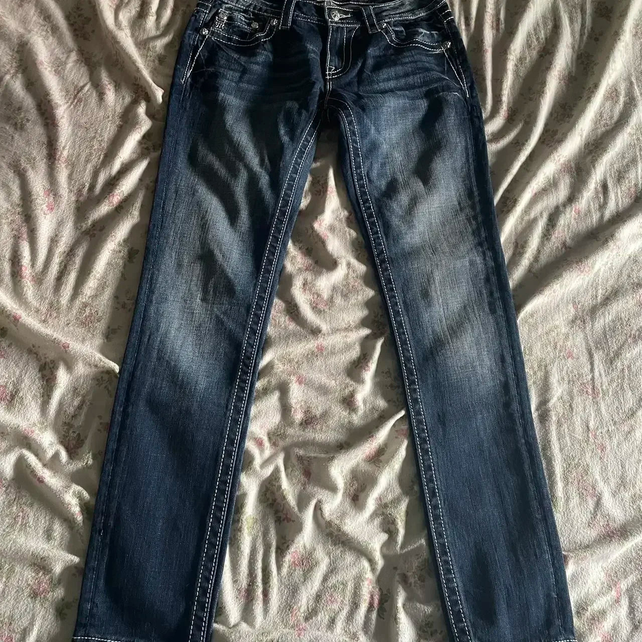 American 2000s Trend Women Jeans Rhinestone Embroidered Pocket Flanging Korean Version Oversized straight Denim Bell-Bottom
